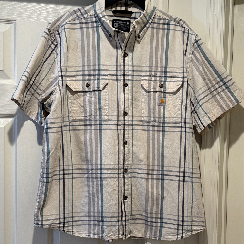 NWOT Carhartt Men Loose Fit Boxy Midweight Button-Down Cream Blue Plaid XL